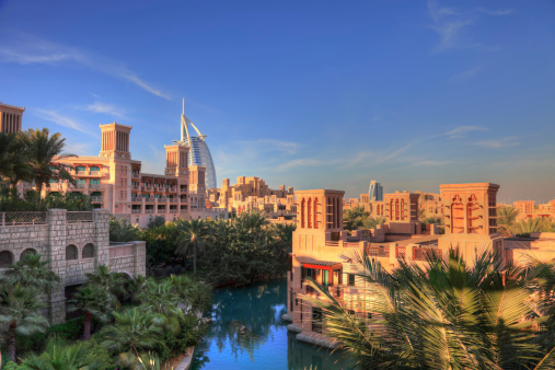 Dubai, UAE - October 6, 2023: Burj Al Arab hotel seen from Souk Madinat Jumeirah