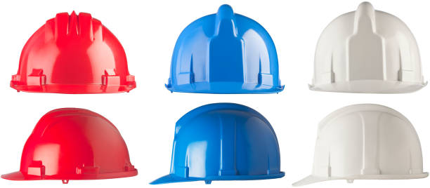 drei hardhats vorder- und seitenansicht. - blue helmet stock-fotos und bilder