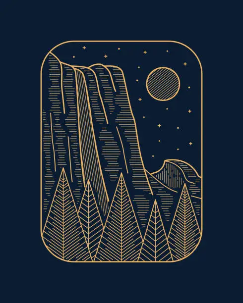 Vector illustration of Majesty of Yosemite Falls National Park in mono line style vector art