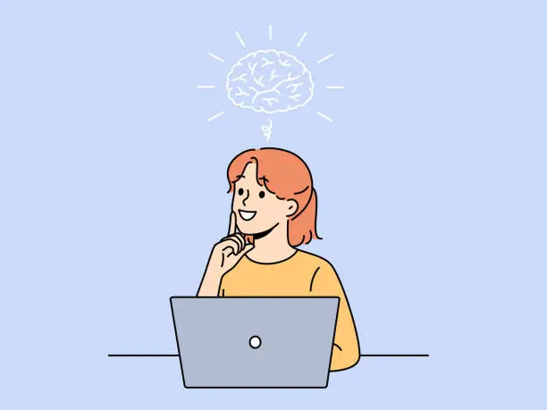 Vector illustration of Smiling girl is doing brainstorming sitting near laptop and thinking about best solution to problem