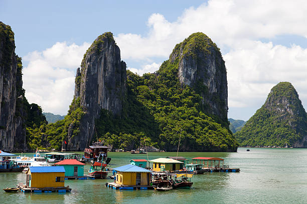 aldeia de pesca flutuante na baía de halong, hanói, vietname - halong bay vietnam bay cruise imagens e fotografias de stock