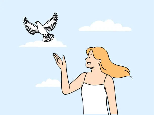 Vector illustration of Woman releases dove standing under summer blue sky and watching bird symbolize hope and peace