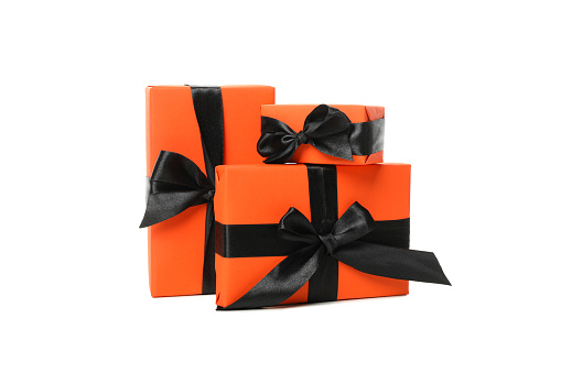 Set of gift boxes with colorful ribbon on white. This file is cleaned and retouched.