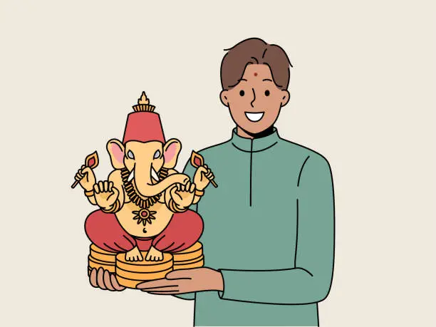 Vector illustration of Indian man holds figurine Lord ganesha and smiles demonstrating amulet that brings good luck