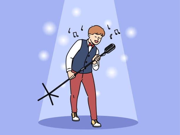 ilustrações de stock, clip art, desenhos animados e ícones de talented boy singer holds professional microphone on tripod standing in light of spotlight - singing singer teenager contest