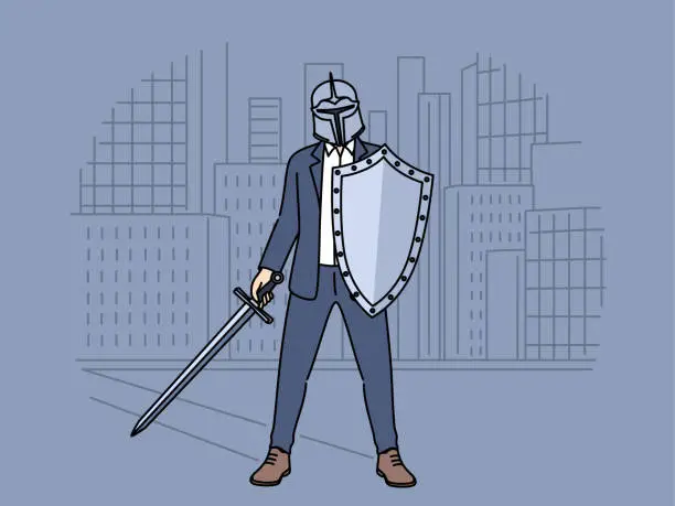 Vector illustration of Business man with knight shield preparing for battle, concept corporate wars between competitors