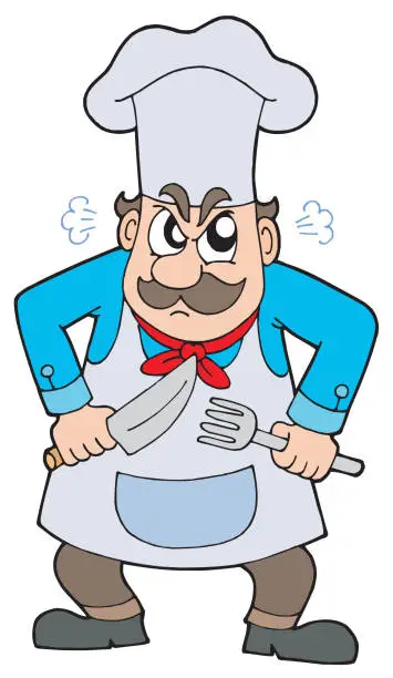 Vector illustration of Angry chef with knife and fork