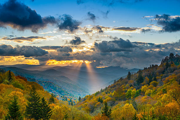 Sun rays coming through clouds in beautiful Smoky Mountains Autumn sunrise in the Smoky Mountains National Park. appalachian trail photos stock pictures, royalty-free photos & images