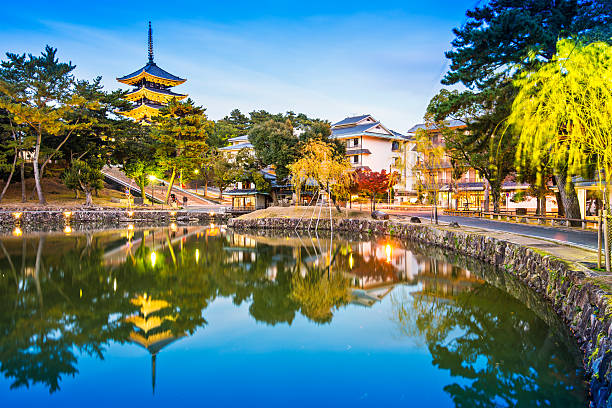 Nara, Japan Nara, Japan at Sarusawa Pond. shrine stock pictures, royalty-free photos & images