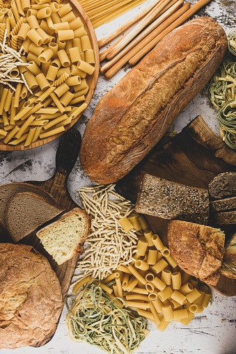 bread and pasta top view.