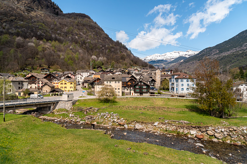 View of the small village Chironico, is a fraction of the municipality of Faido, in the Canton of Ticino, district of Leventina, Switzerland