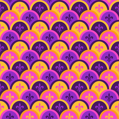 Mardi Gras Seamless Pattern Scales with Fleur De Lis. Purple, Pink and Yellow Vector Background with Carnival Festive Symbols.