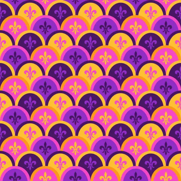 Vector illustration of Mardi Gras Seamless Pattern Scales with Fleur De Lis. Purple, Pink and Yellow Vector Background with Carnival Festive Symbols.