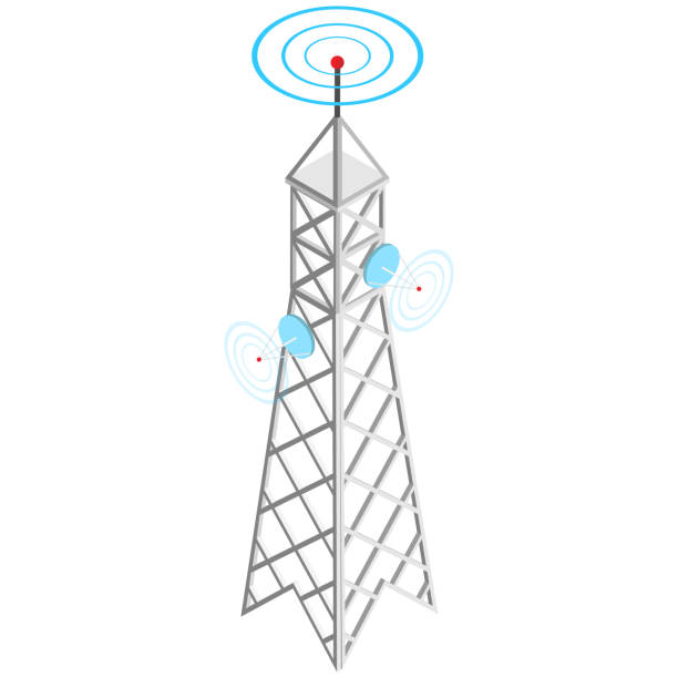 illustrazioni stock, clip art, cartoni animati e icone di tendenza di vettore isometrico della torre delle telecomunicazioni - tower isometric communications tower antenna