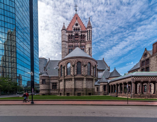 rear view of trinity church in back bay boston massachusetts - boston church famous place john hancock tower imagens e fotografias de stock