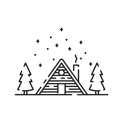 Log Cabin Vector Line Icon. Winter wooden house and camping.
