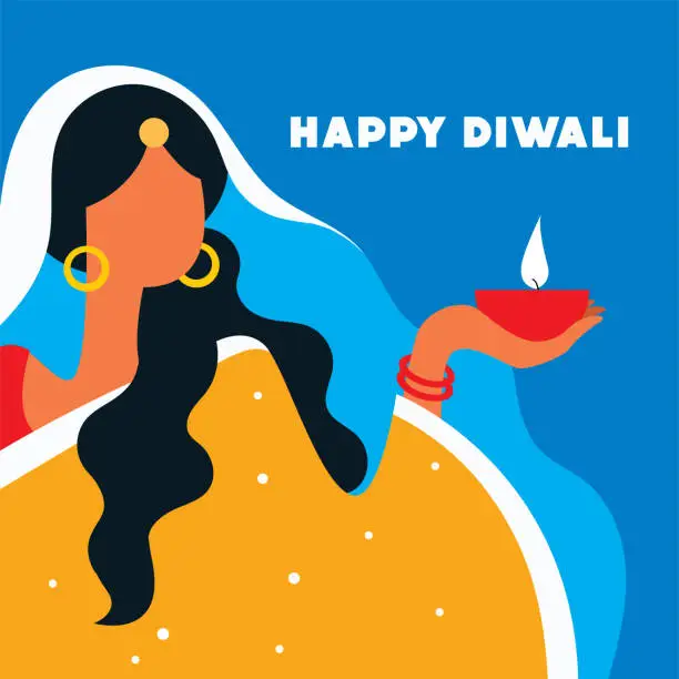 Vector illustration of A woman holding Diwali festival diya