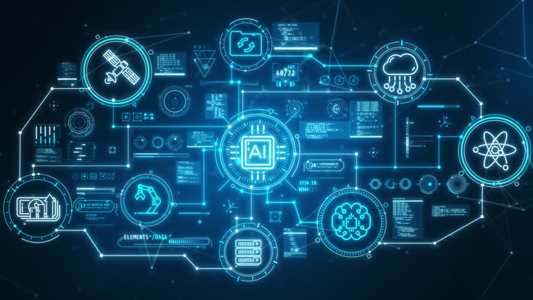 Animated holographic infographic on artificial intelligence management.