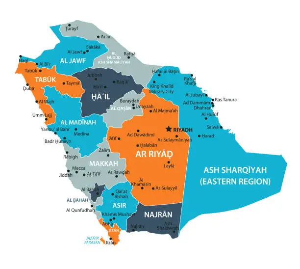 Vector illustration of Saudi Arabia Map. Vector colored map of Saudi Arabia