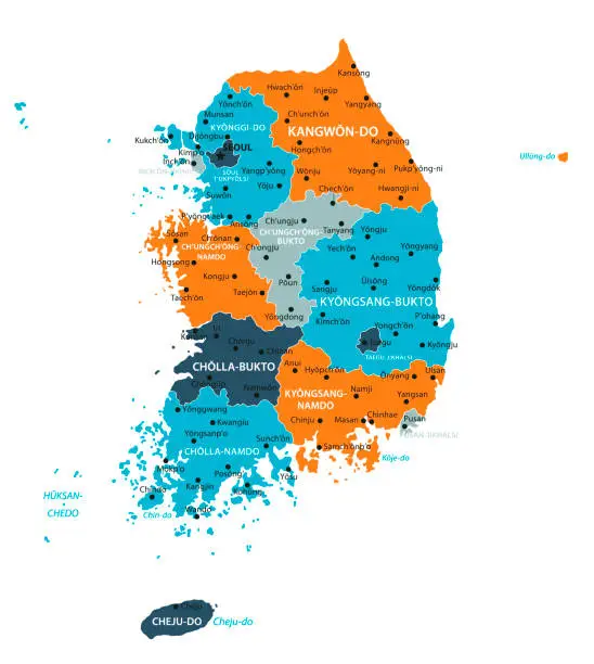 Vector illustration of South Korea Map. Vector colored map of South Korea