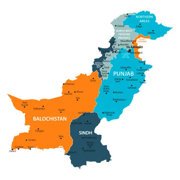 Vector illustration of Pakistan Map. Vector colored map of Pakistan