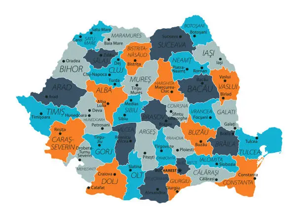 Vector illustration of Romania Map. Vector colored map of Romania