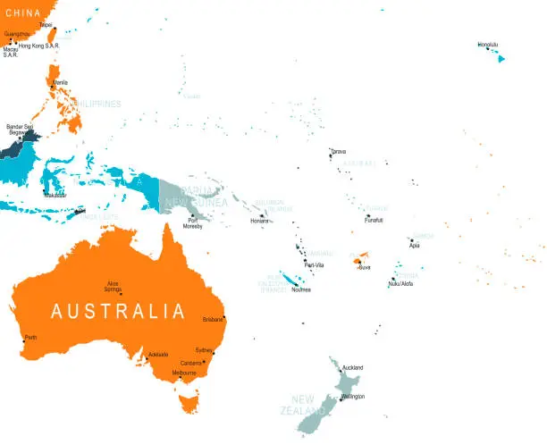 Vector illustration of Australia and Oceania Map. Vector colored map of Oceania