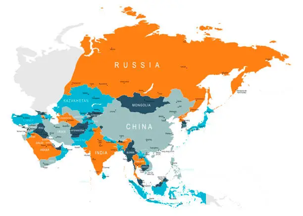 Vector illustration of Asia Map. Vector colored map of Asia