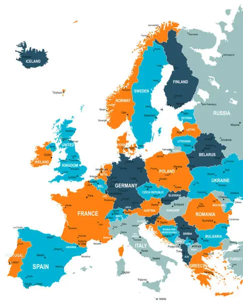 Vector illustration of Europe Map. Vector colored map of Europe