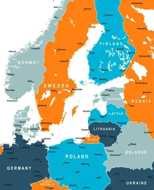 Vector illustration of Baltic Region Map. Vector colored map of Baltic Countries