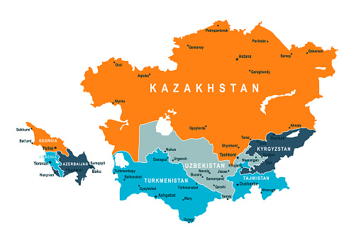 Caucasus and Central Asia Map. Vector colored map of Caucasus and Central Asia
