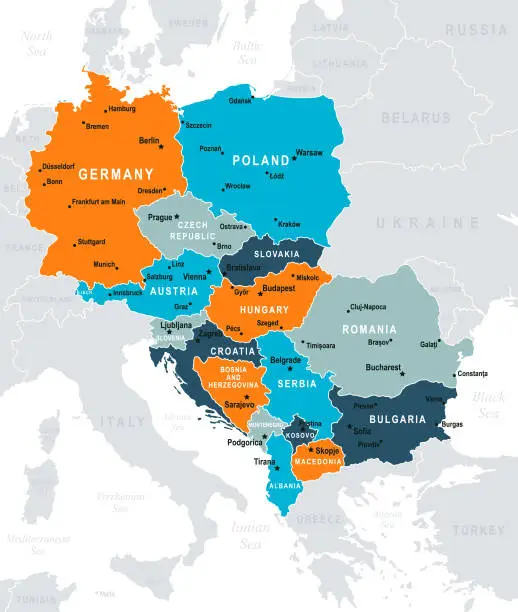 Vector illustration of Central Europe Map. Vector colored map of Central Europe