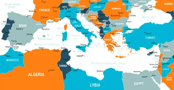 Vector illustration of Mediterranean Sea Region Map. Vector colored map of Mediterranean Sea Region