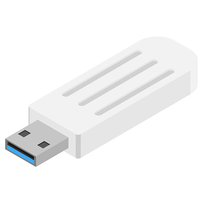 A sleek and detailed isometric illustration of a USB flash drive, perfect for representing data storage, portability, and technology.