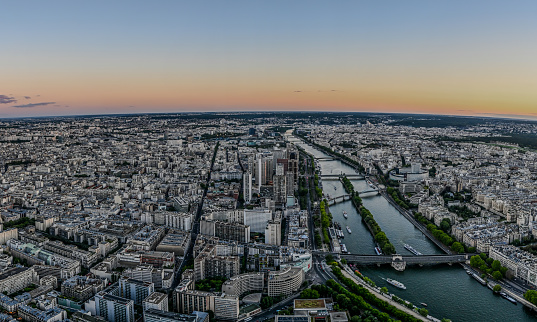 Beautiful sunset view of Paris from the Eiffel Tower terrace. Large format photos.