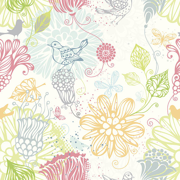 Seamless floral background Ornate bright pattern with flowers, butterflies and birds for your design. Can be used for wrapping paper. EPS 8. bird backgrounds stock illustrations