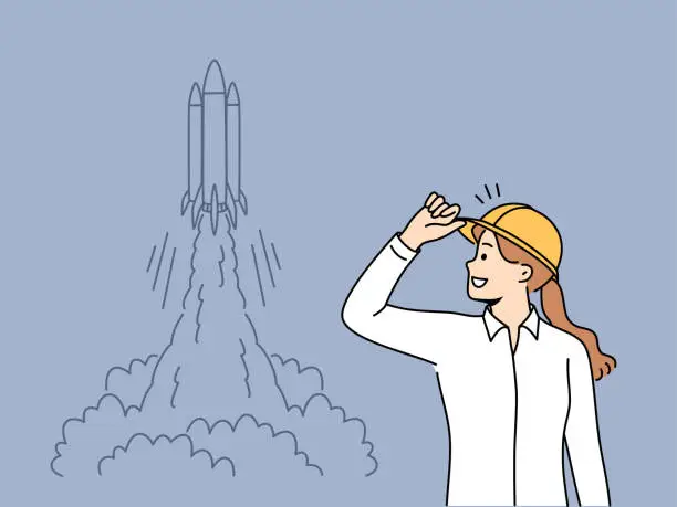 Vector illustration of Woman engineer stands near taking off space rocket and watches successful takeoff of shuttle