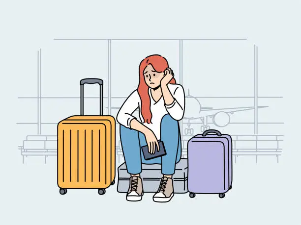 Vector illustration of Upset woman airport passenger sits near luggage and waits for plane that is late due to bad weather