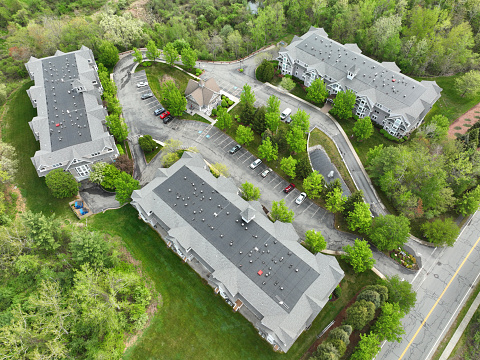 aerial view of apartment buildings in spring