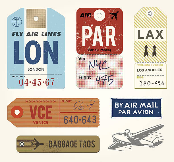 ilustraciones, imágenes clip art, dibujos animados e iconos de stock de sellos y etiquetas de equipaje - travel bag old fashioned dirty