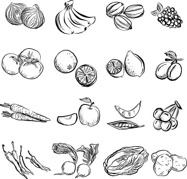Fruit and vegetable in charcoal sketch style Fruit and vegetable in black and white banana drawings stock illustrations