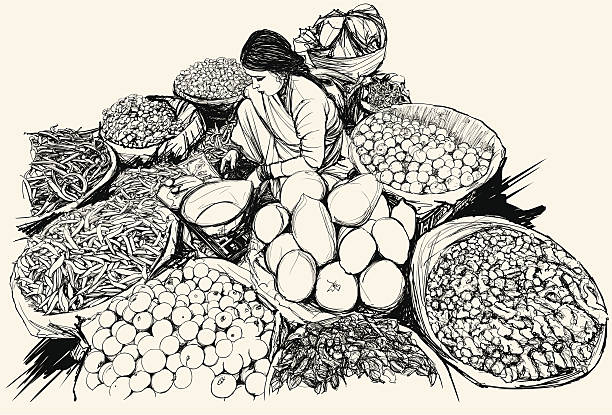 ilustraciones, imágenes clip art, dibujos animados e iconos de stock de mujer india de vender de frutas y verduras en el mercado - india indian culture women market