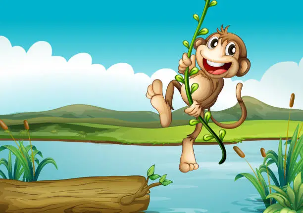 Vector illustration of Cheerful monkey playing with the vine plant