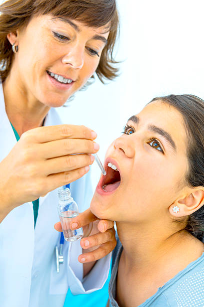 Little patient take allergy vaccine, inmmunotherapy stock photo