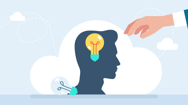 Hand installing light bulb on human head. Businessman changes the lightbulb. New business idea in human head, thinking about success solution, lightbulb as creativity metaphor. 2d flat animation