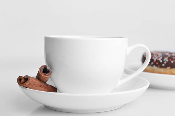 cup of coffee and sweet donut  with chocolate icing