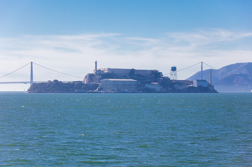 Alcatraz near San Francisco, California. Golden Gate bridge in the back.