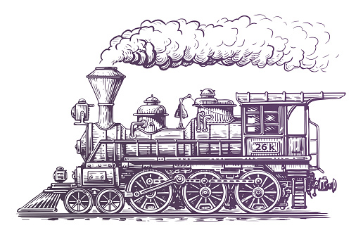 Vintage steam train locomotive, engraving style vector illustration. Hand drawn sketch retro transport