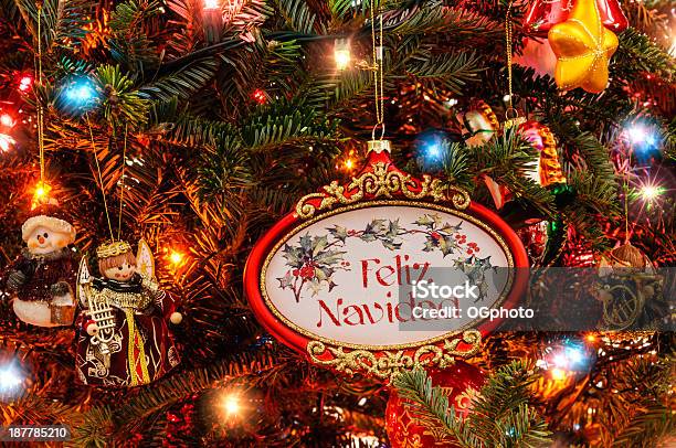 Christmas Tree With Feliz Navidad Ornament Stock Photo - Download Image Now - Feliz Navidad - Short Phrase, Christmas, Angel