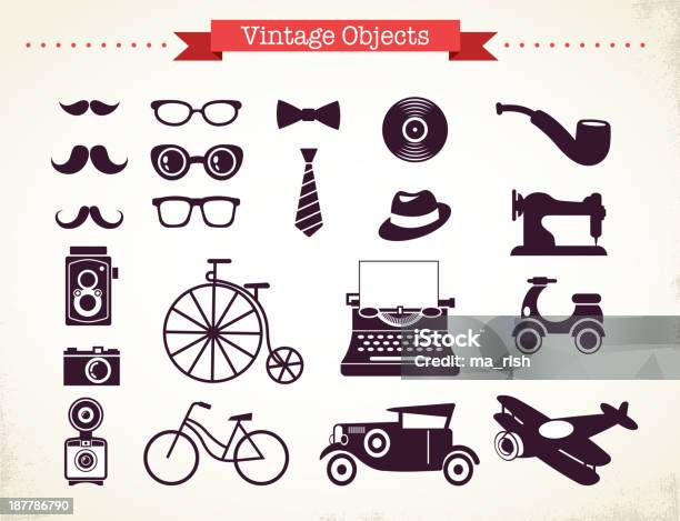 Ilustración de Objetos De Colección Vintage Hipster y más Vectores Libres de Derechos de Anticuado - Anticuado, Avión, Bicicleta